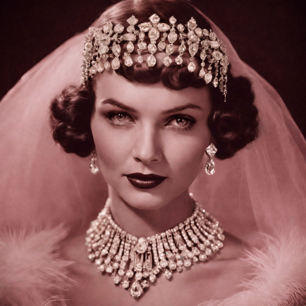 Ilustración de una novia con joyas antiguas y velo