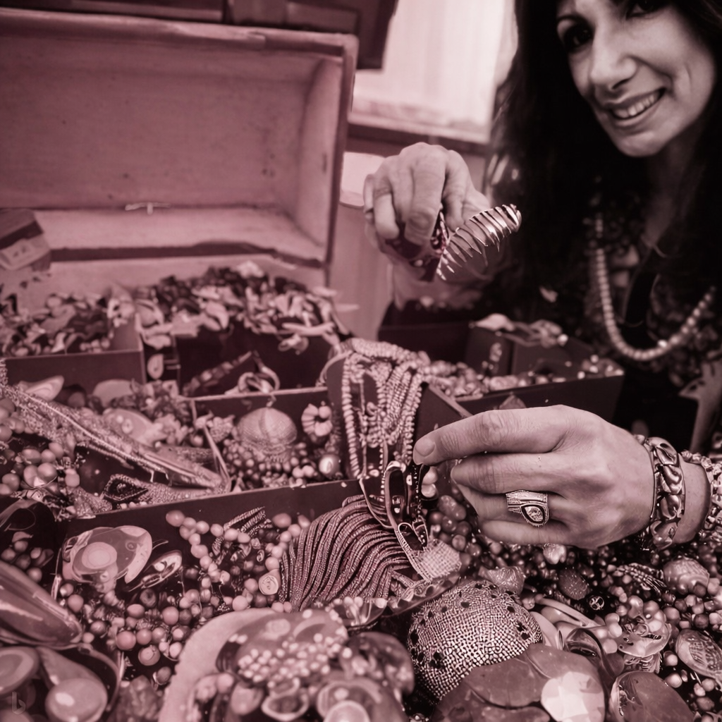 Ilustración de una mujer buscando y seleccionando joyas vintage de una caja