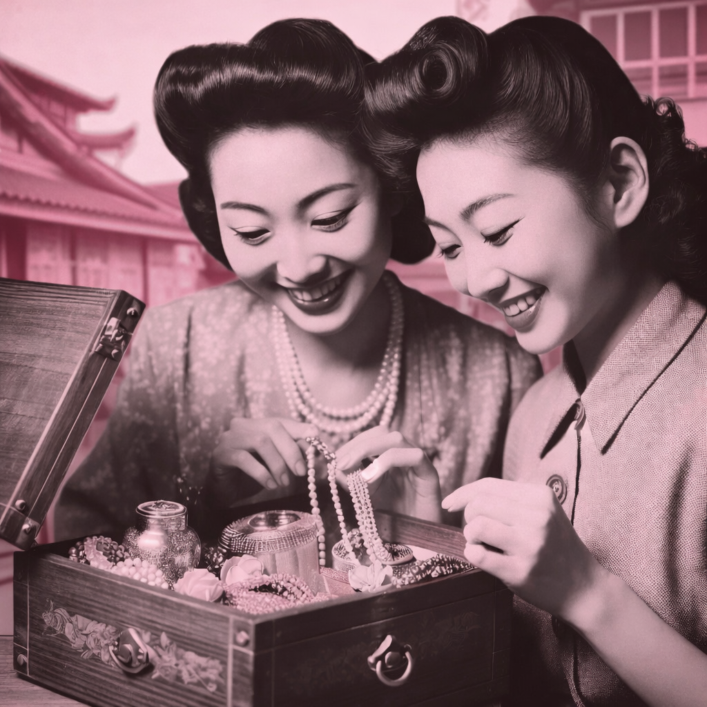 Dos mujeres rebuscando en el joyero con las joyas de su abuela