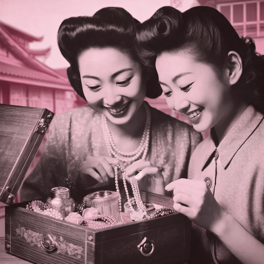 Dos mujeres rebuscando en el joyero con las joyas de su abuela