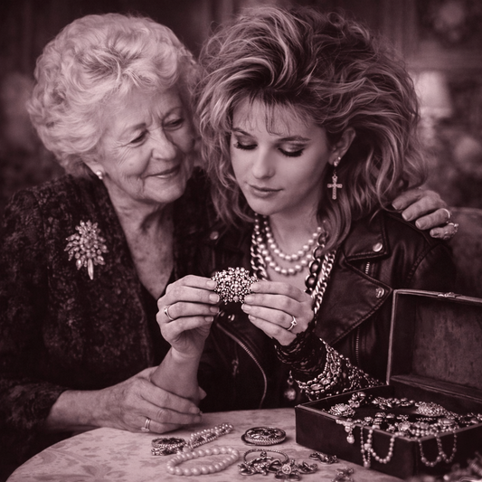 Abuela y nieta en los años 80 revisando las joyas familiares que la nieta heredará