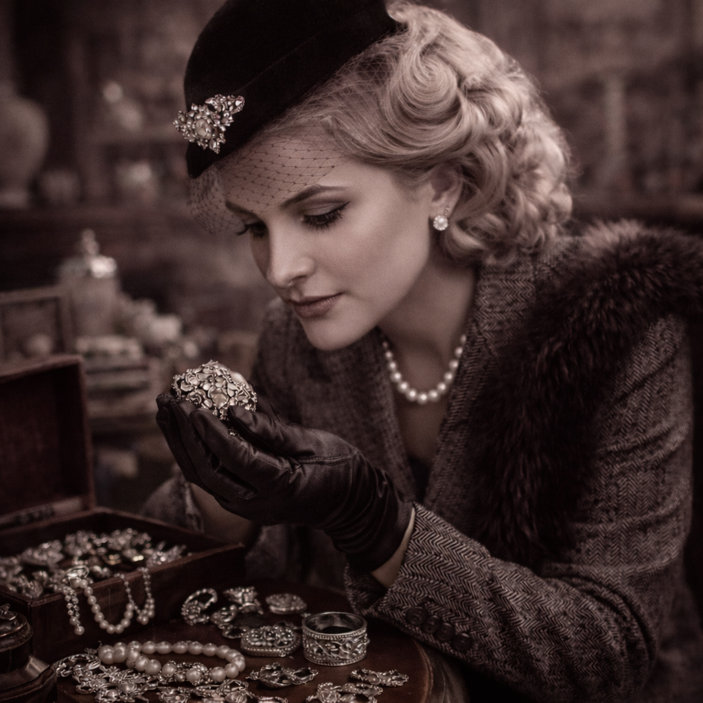 Ilustración de una mujer exploradora de joyas con estética de los años 50