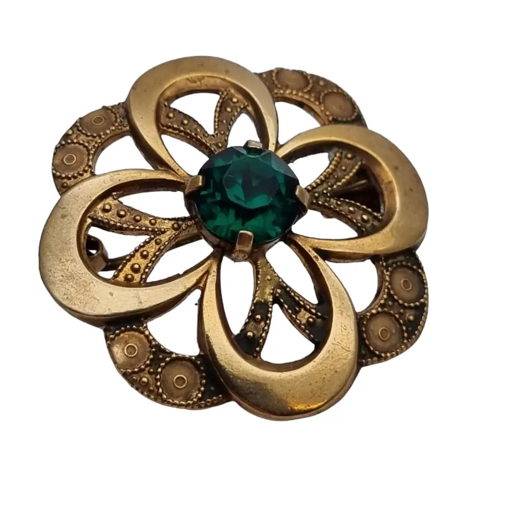 Broche redondo vintage dorado con piedra verde para mujer botón dorado.