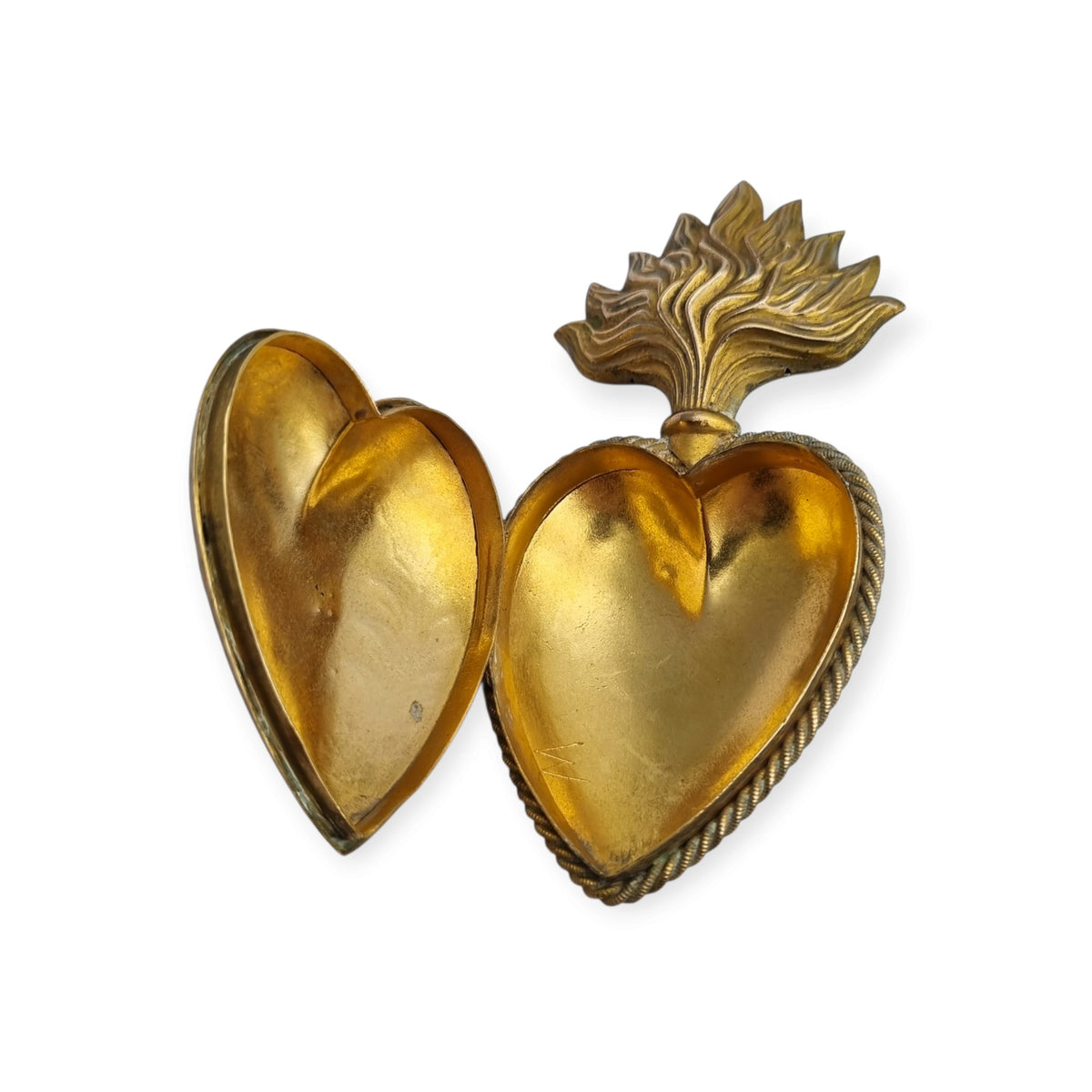 Exvoto mariano antiguo, corazón dorado de devoción, Francia probable, siglo XIX