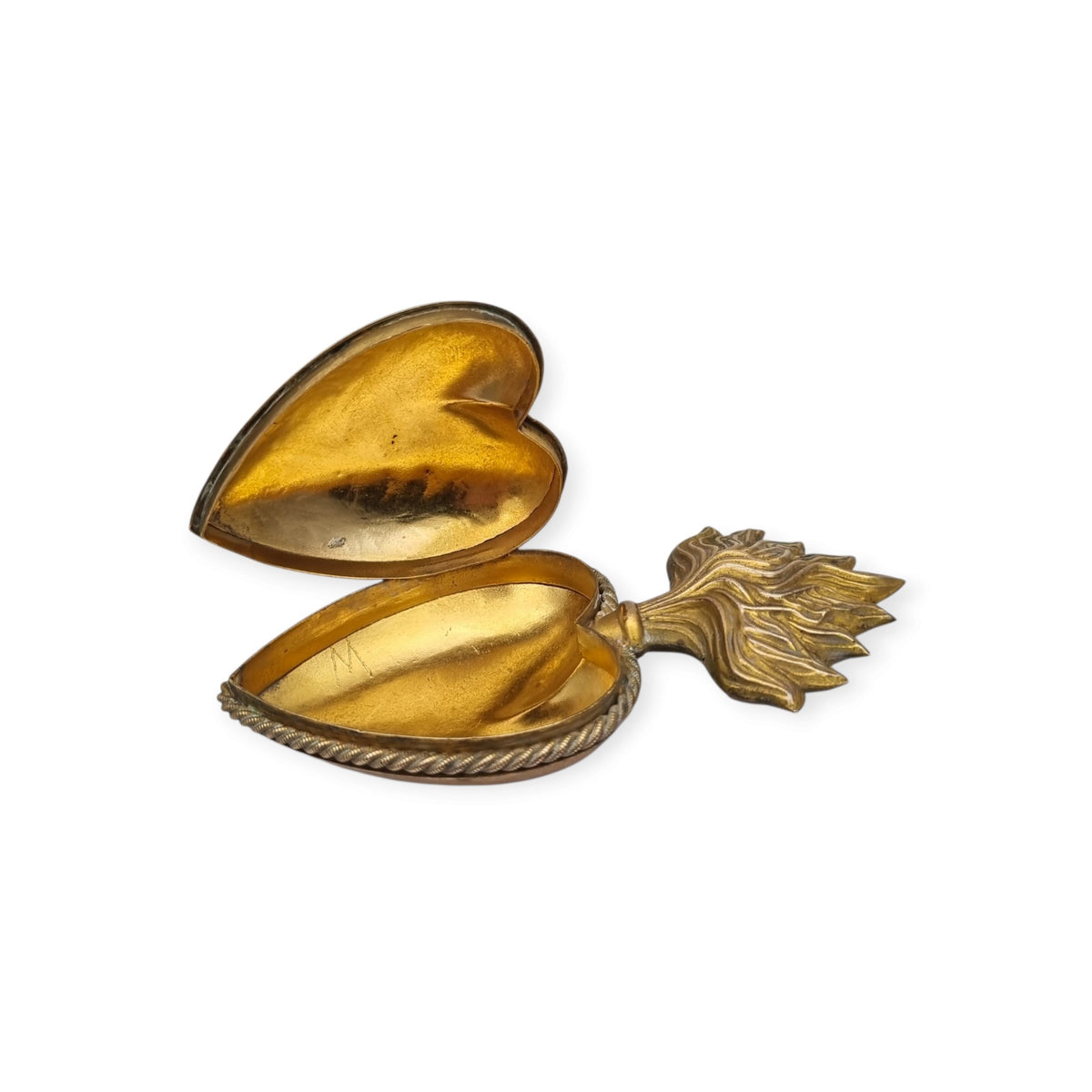 Exvoto mariano antiguo, corazón dorado de devoción, Francia probable, siglo XIX