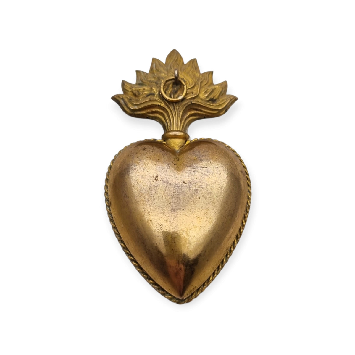 Exvoto mariano antiguo, corazón dorado de devoción, Francia probable, siglo XIX
