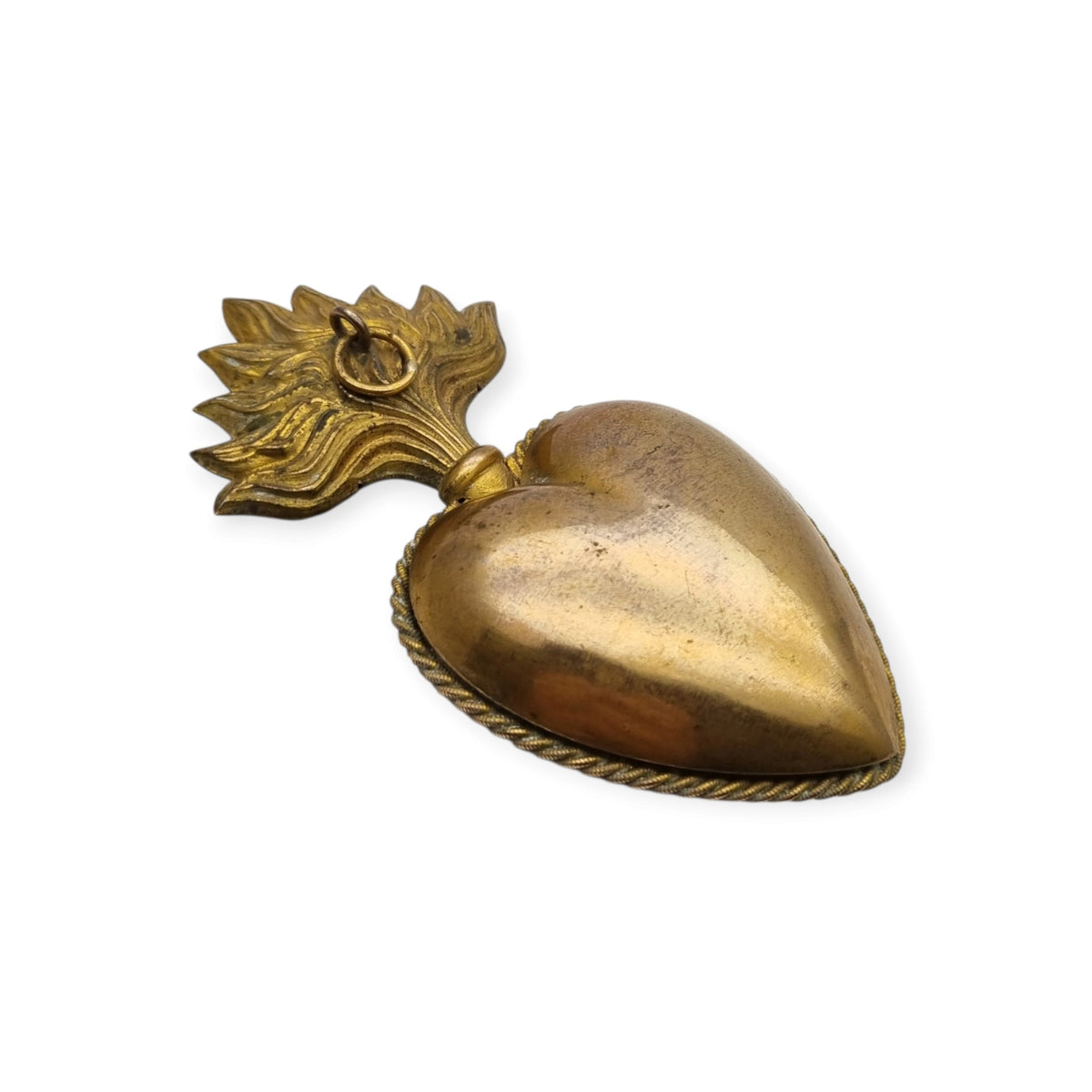 Exvoto mariano antiguo, corazón dorado de devoción, Francia probable, siglo XIX