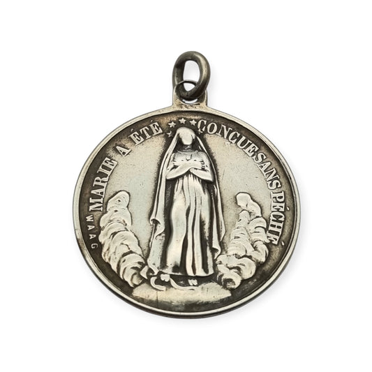 Medalla francesa de la Inmaculada y Sagrado Corazón en plata, firmada Waag, ca. 1880-1905