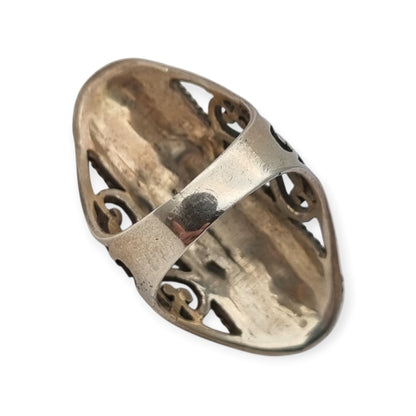 Vintage Spanish 925 silver boho style ring with onyx and mother-of-pearl, 1980s