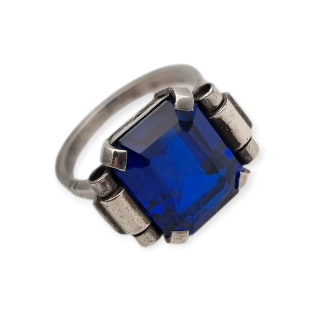 Antique Art Deco silver ring with faceted blue glass, ca. 1930-1940
