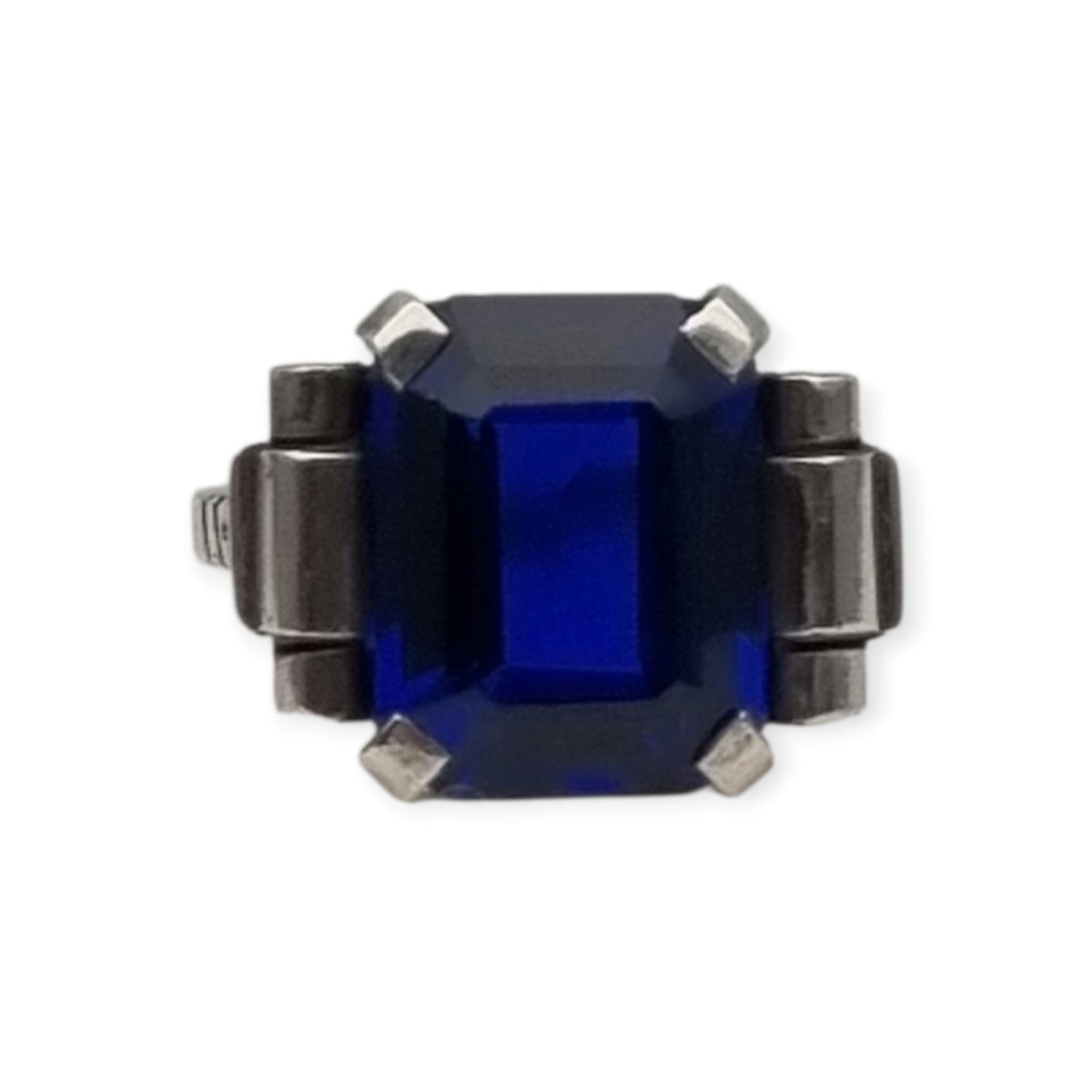Antique Art Deco silver ring with faceted blue glass, ca. 1930-1940