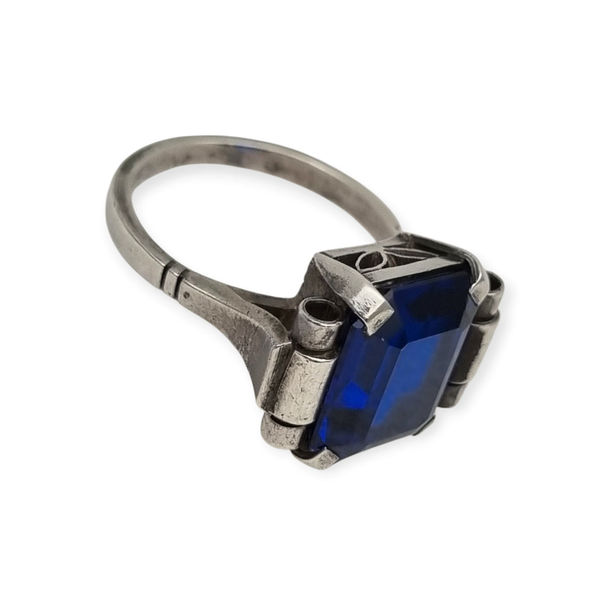 Antique Art Deco silver ring with faceted blue glass, ca. 1930-1940