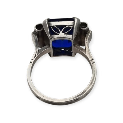 Antique Art Deco silver ring with faceted blue glass, ca. 1930-1940