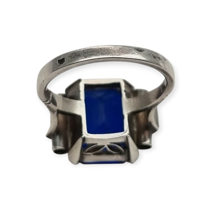 Antique Art Deco silver ring with faceted blue glass, ca. 1930-1940
