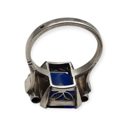 Antique Art Deco silver ring with faceted blue glass, ca. 1930-1940