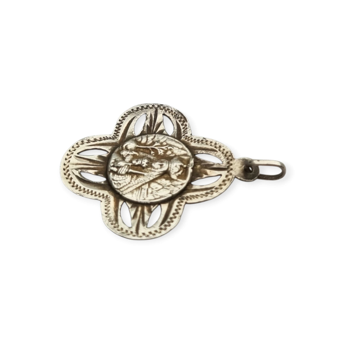 Antique openwork silver medal of the Virgin of Montserrat, Catalan devotional souvenir, ca. 1920-1950