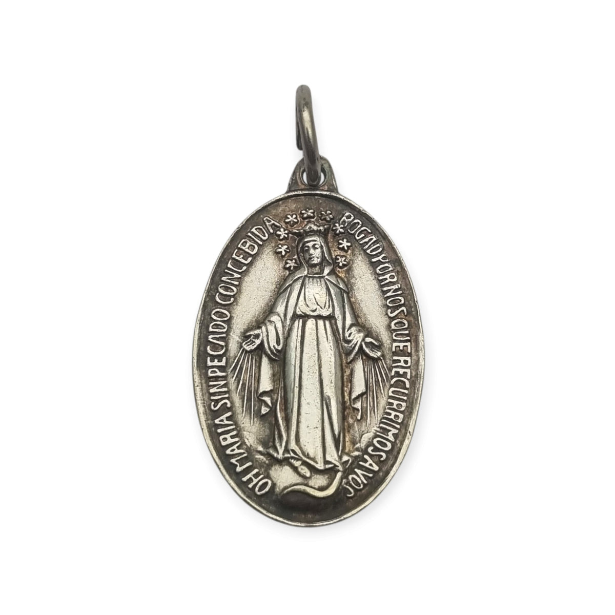 Medalla Milagrosa vintage de metal plateado, Virgen de la Medalla Milagrosa, circa 1950-1970