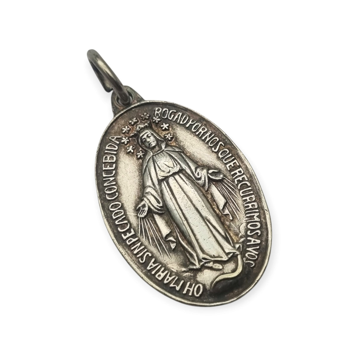 Medalla Milagrosa vintage de metal plateado, Virgen de la Medalla Milagrosa, circa 1950-1970