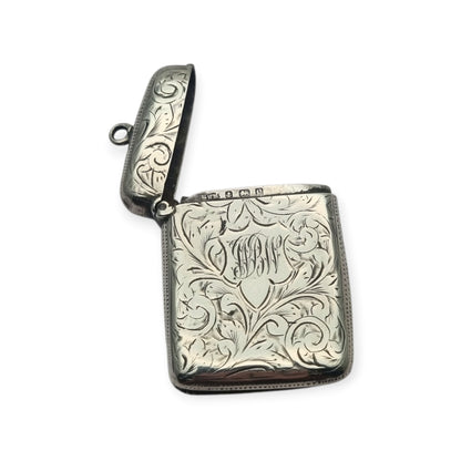 Cerillera vesta eduardiana de plata sterling grabada, William Manton, Birmingham 1902