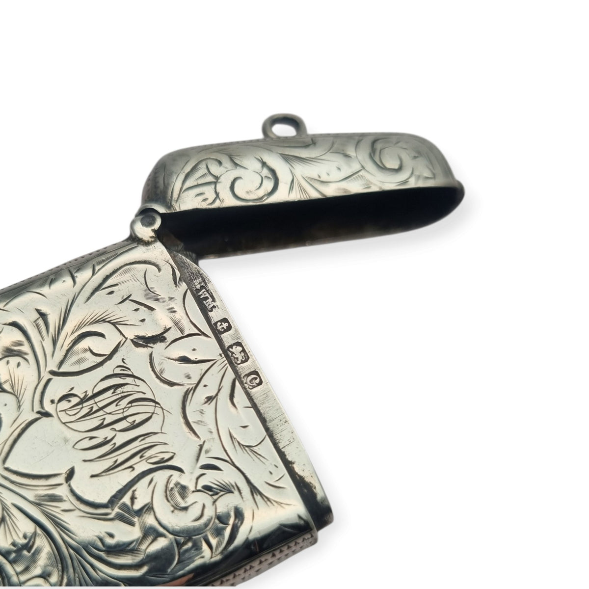 Cerillera vesta eduardiana de plata sterling grabada, William Manton, Birmingham 1902