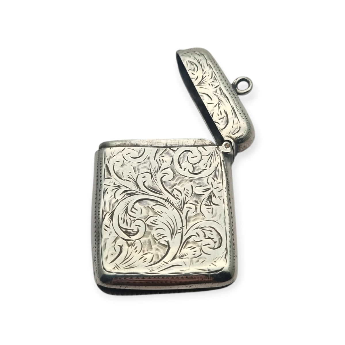 Cerillera vesta eduardiana de plata sterling grabada, William Manton, Birmingham 1902