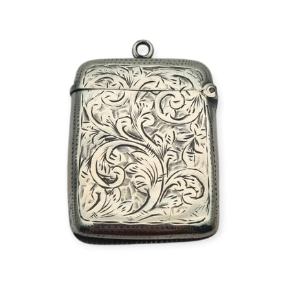 Cerillera vesta eduardiana de plata sterling grabada, William Manton, Birmingham 1902
