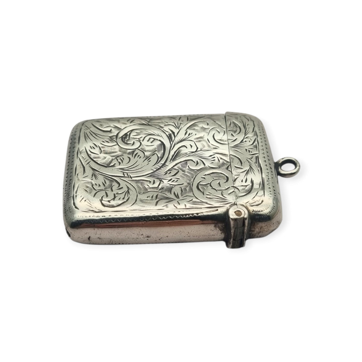 Cerillera vesta eduardiana de plata sterling grabada, William Manton, Birmingham 1902