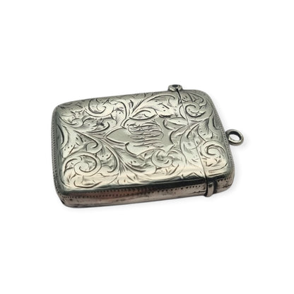 Cerillera vesta eduardiana de plata sterling grabada, William Manton, Birmingham 1902