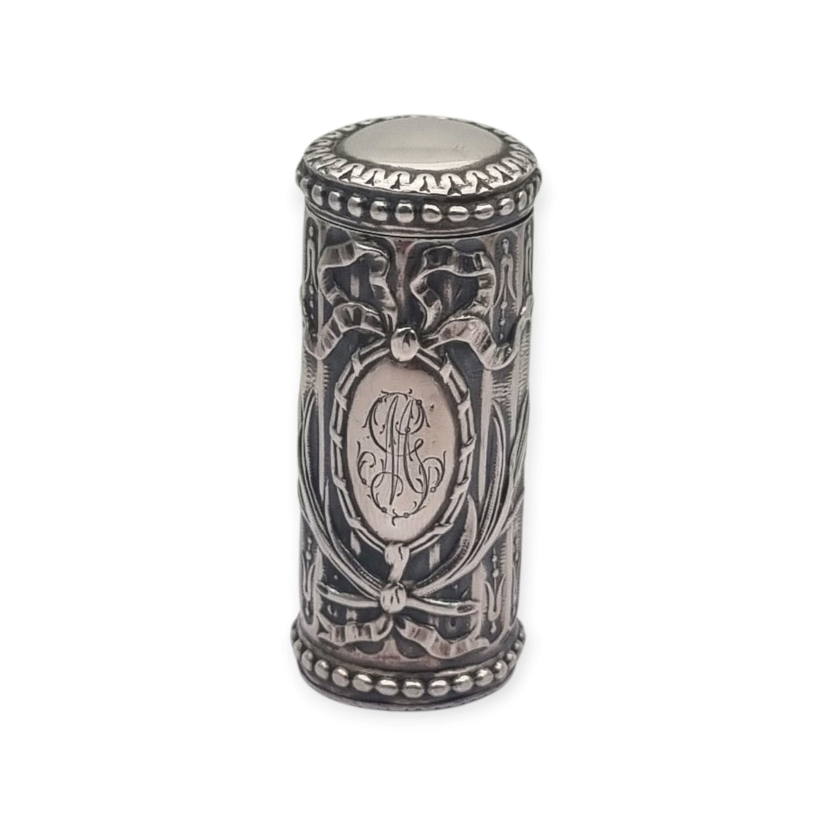 Antique Louis XVI Revival silver perfume bottle with monogram and stopper