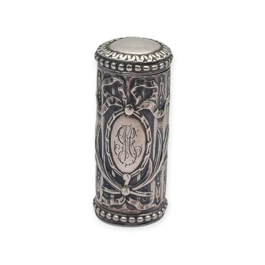 Antique Louis XVI Revival silver perfume bottle with monogram and stopper