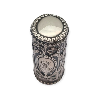 Antique Louis XVI Revival silver perfume bottle with monogram and stopper
