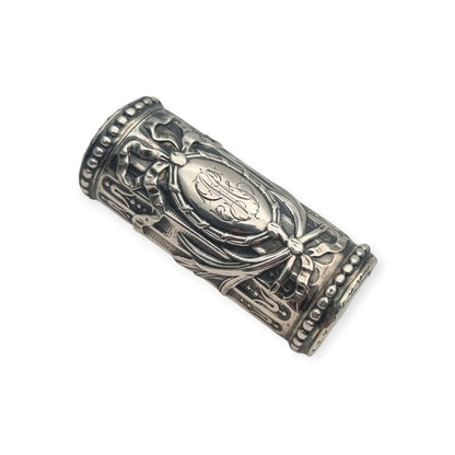 Antique Louis XVI Revival silver perfume bottle with monogram and stopper