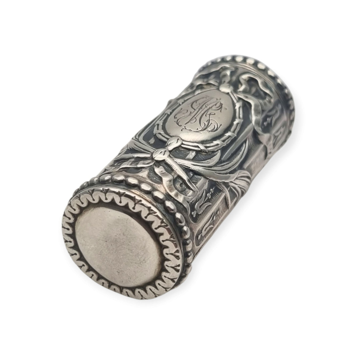 Antique Louis XVI Revival silver perfume bottle with monogram and stopper