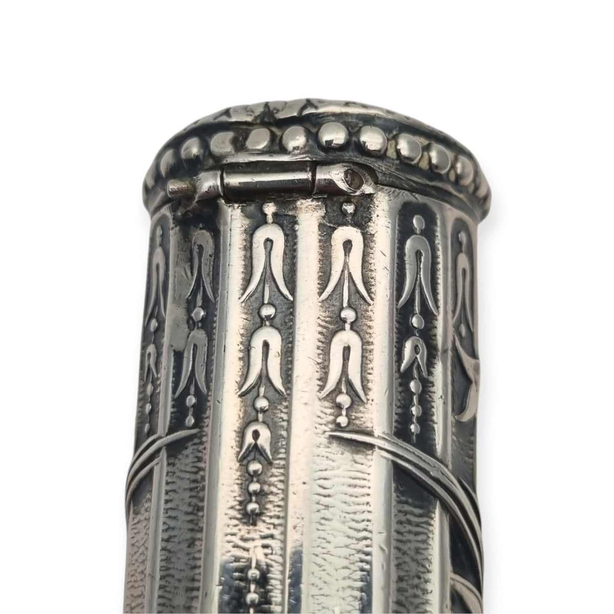 Antique Louis XVI Revival silver perfume bottle with monogram and stopper