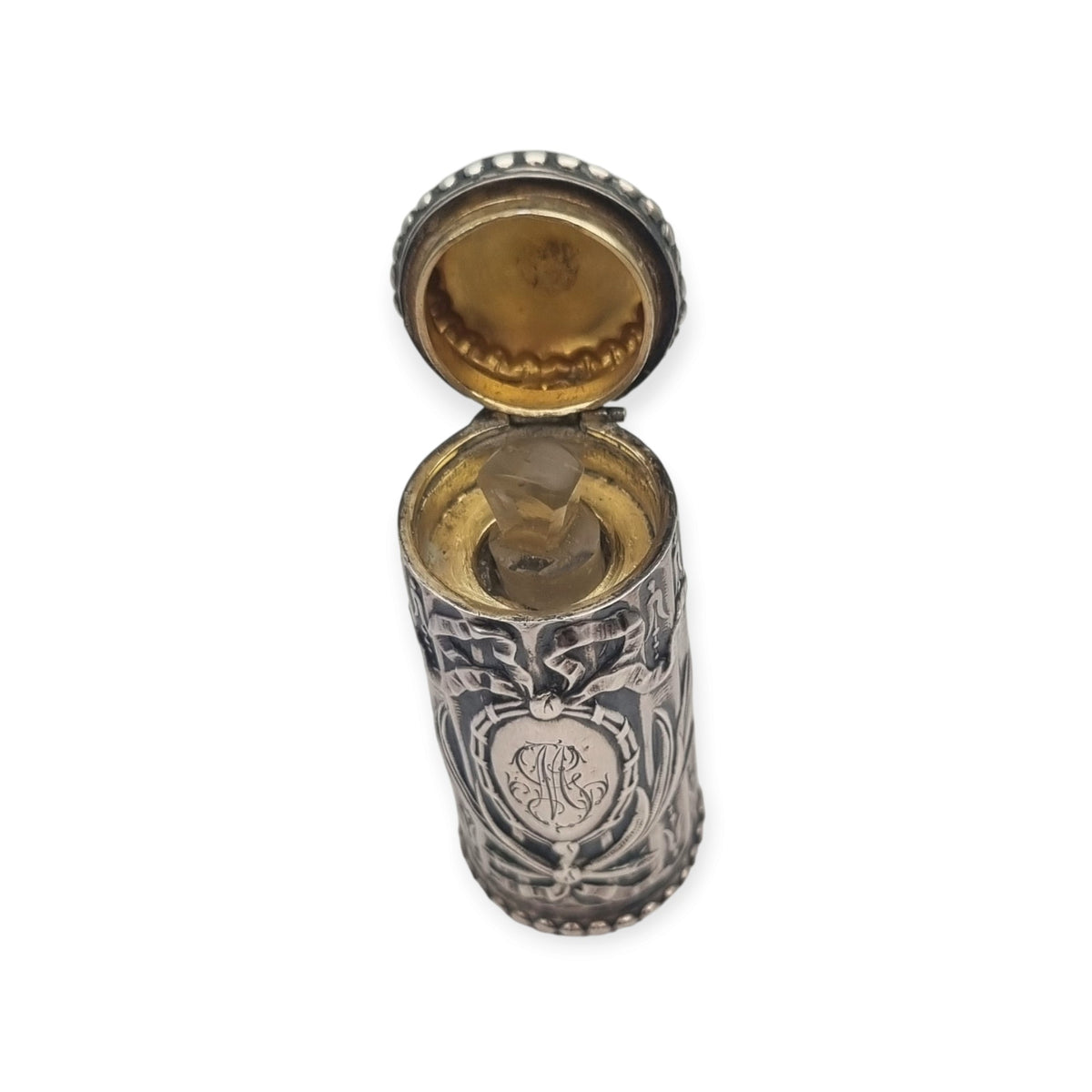 Antique Louis XVI Revival silver perfume bottle with monogram and stopper
