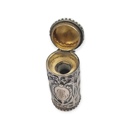 Antique Louis XVI Revival silver perfume bottle with monogram and stopper