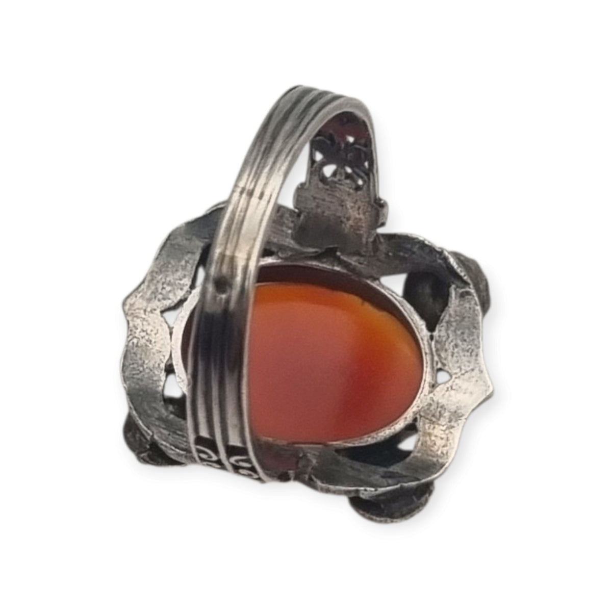 Antique Art Deco silver and carnelian ring with floral decoration, France 1950s