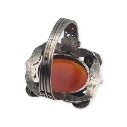 Antique Art Deco silver and carnelian ring with floral decoration, France 1950s