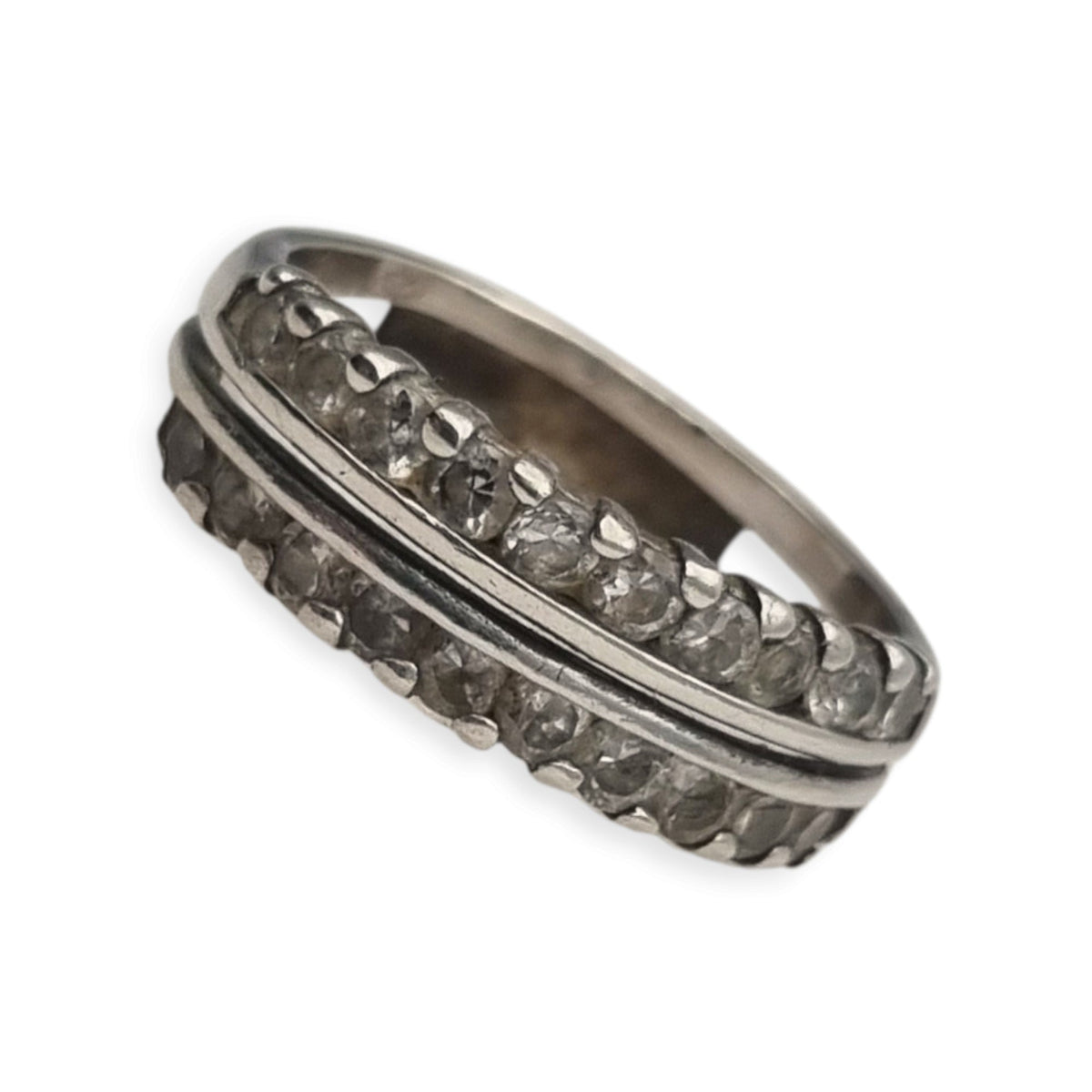 Vintage silver ring with double row of white stones, 80s-90s