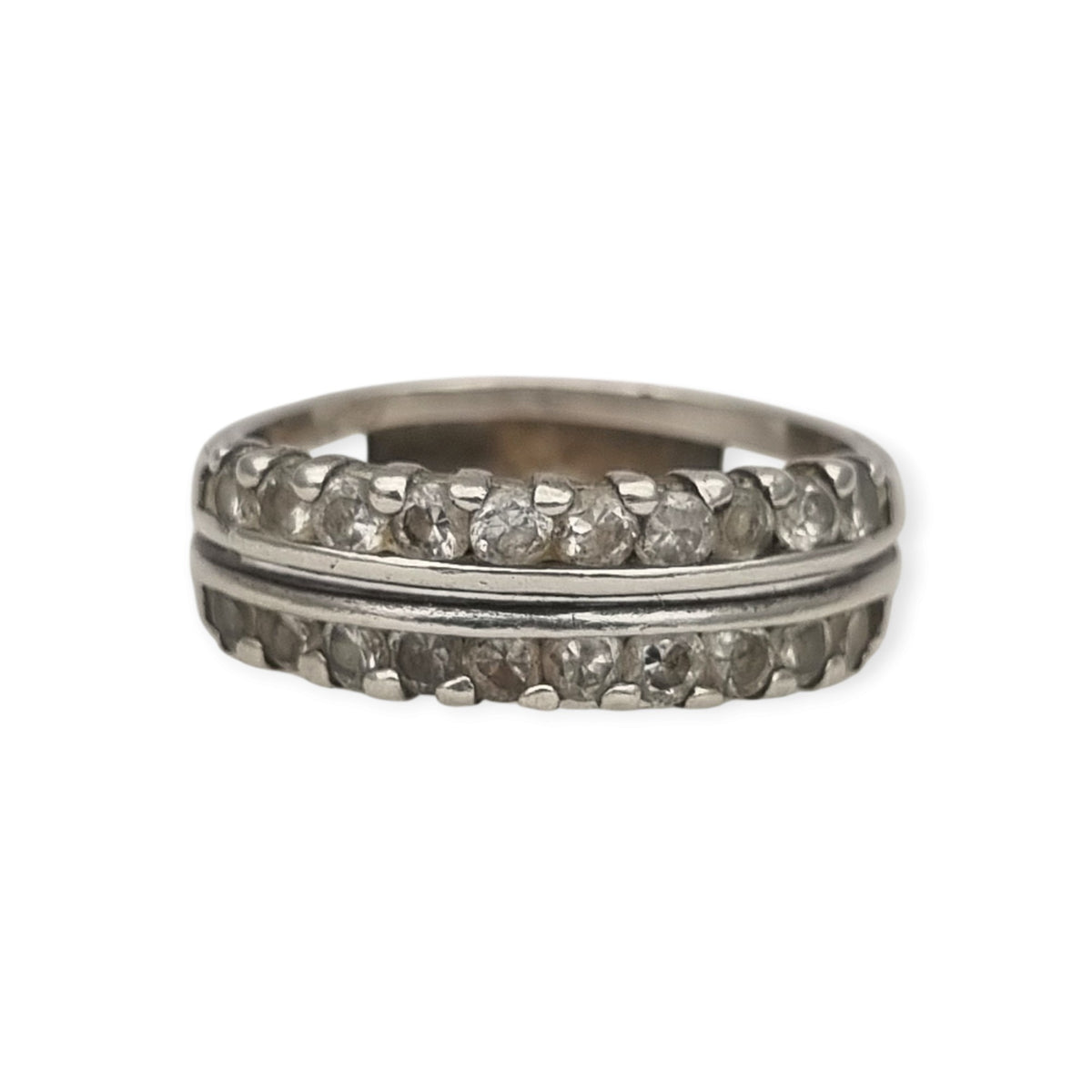 Vintage silver ring with double row of white stones, 80s-90s