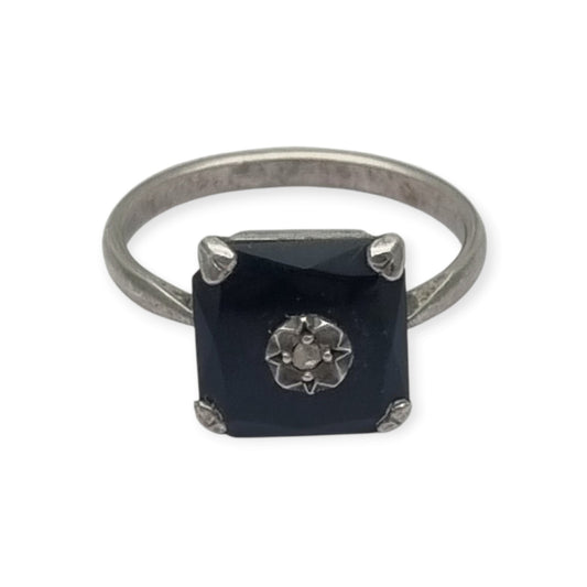 Antique Art Deco silver, black onyx, and topaz ring, circa 1920-1935