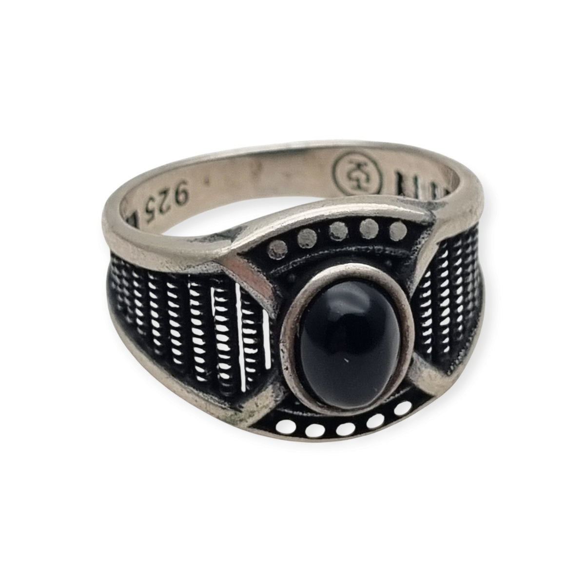 Anillo vintage boho de plata 925 y ónix negro, diseño geométrico calado, Europa, ca. 1990-2000