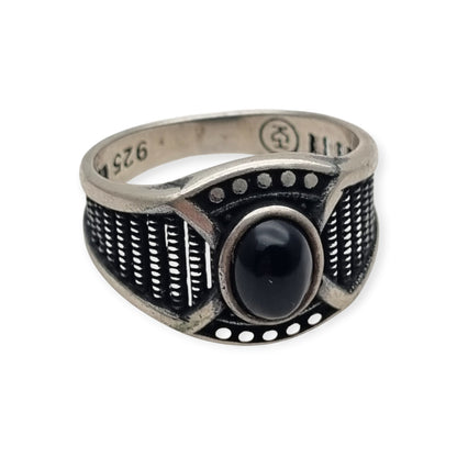 Anillo vintage boho de plata 925 y ónix negro, diseño geométrico calado, Europa, ca. 1990-2000
