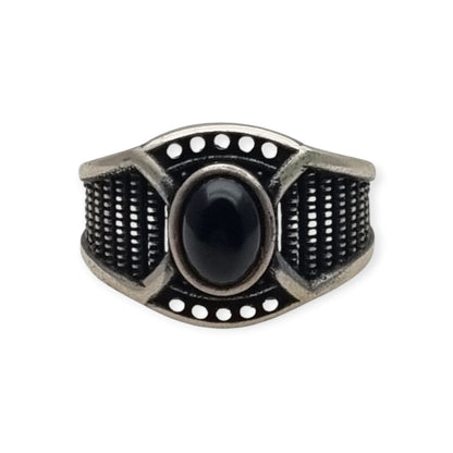 Anillo vintage boho de plata 925 y ónix negro, diseño geométrico calado, Europa, ca. 1990-2000