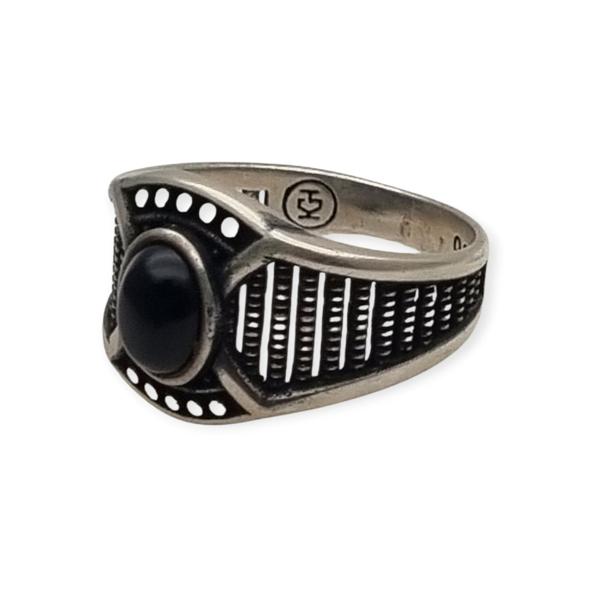 Anillo vintage boho de plata 925 y ónix negro, diseño geométrico calado, Europa, ca. 1990-2000