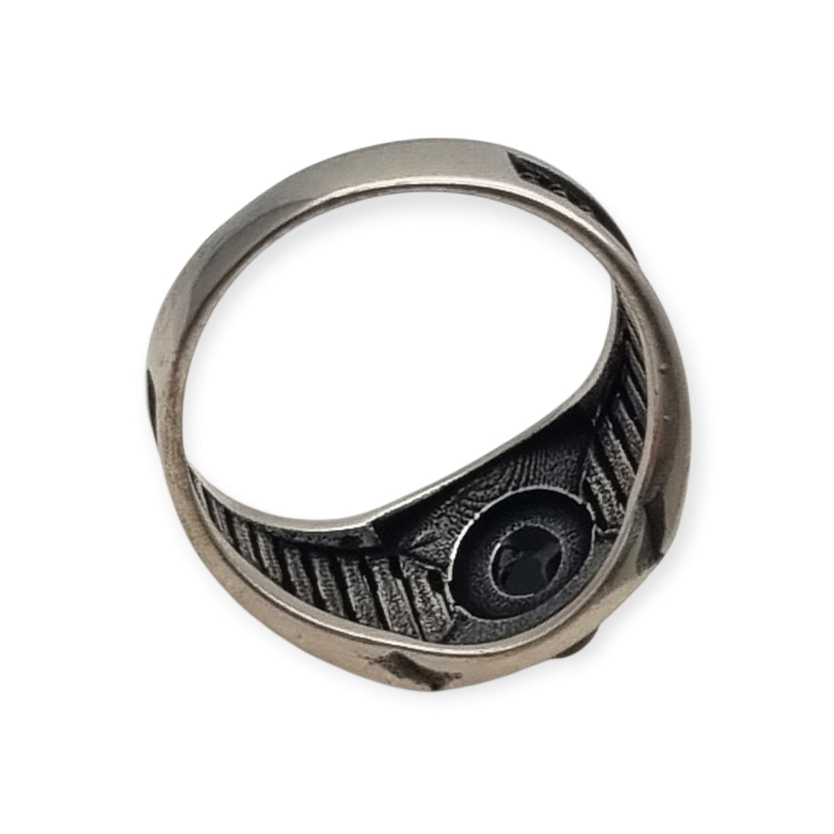 Anillo vintage boho de plata 925 y ónix negro, diseño geométrico calado, Europa, ca. 1990-2000