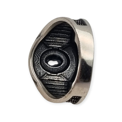 Anillo vintage boho de plata 925 y ónix negro, diseño geométrico calado, Europa, ca. 1990-2000