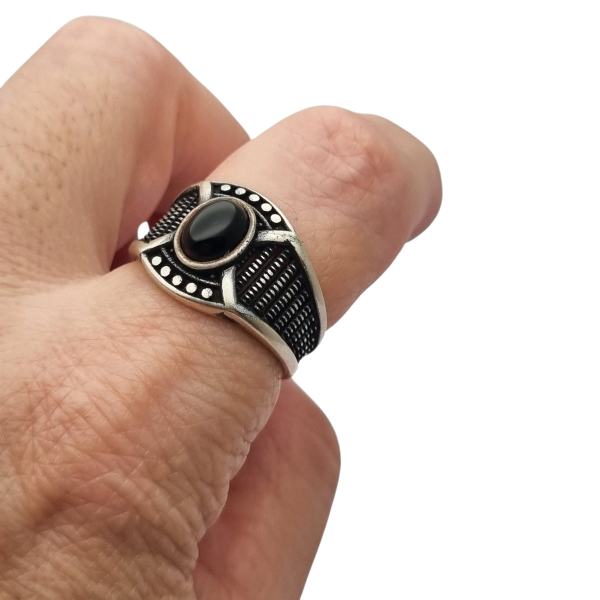 Anillo vintage boho de plata 925 y ónix negro, diseño geométrico calado, Europa, ca. 1990-2000