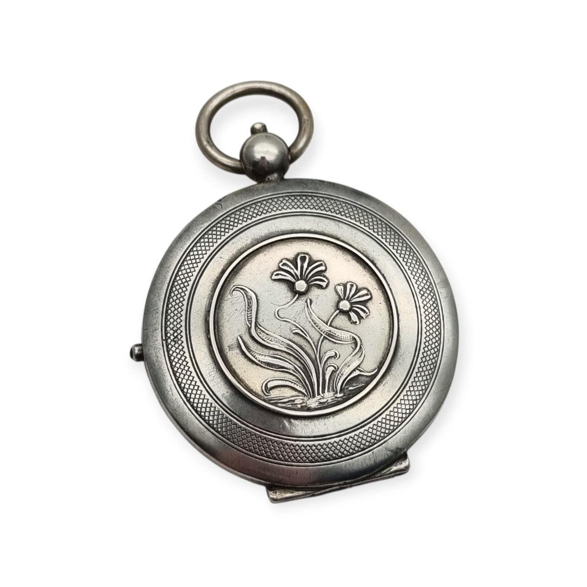 Guardapelo Art Nouveau antiguo de plata 800 con doble portarretrato, grabado floral y piedra rosa, ca. 1900