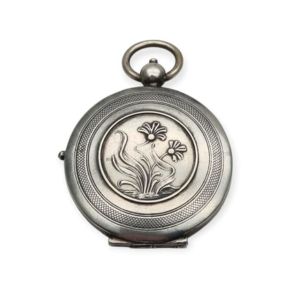 Guardapelo Art Nouveau antiguo de plata 800 con doble portarretrato, grabado floral y piedra rosa, ca. 1900